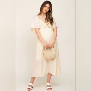 Pinkblush Cream Front Tie Ruffle Sleeve Maternity Midi Dress